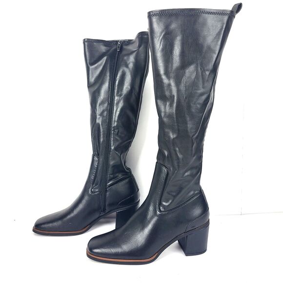 Franco Sarto Figaro Black Leather Knee High Heeled Stretch Faux leather Boots 8M - Picture 1 of 16